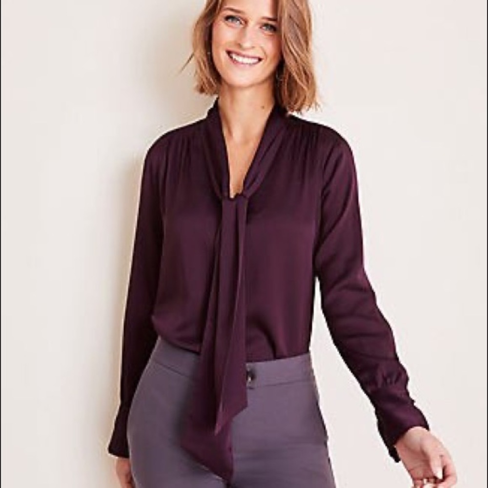 Ann Taylor Hammered Satin V-Neck Bow Blouse Small